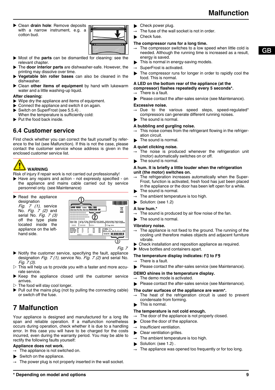 4customer service, 7malfunction, 7 malfunction | Malfunction, 4 customer service | Liebherr ICUNS 3314 Comfort NoFrost User Manual | Page 9 / 12