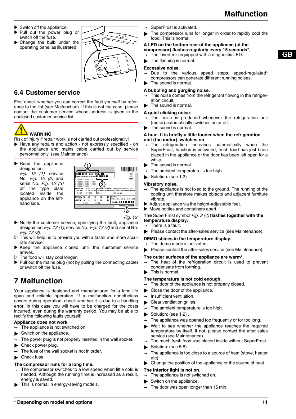 4customer service, 7malfunction, 7 malfunction | Malfunction, 4 customer service | Liebherr G 3513 Comfort User Manual | Page 11 / 14