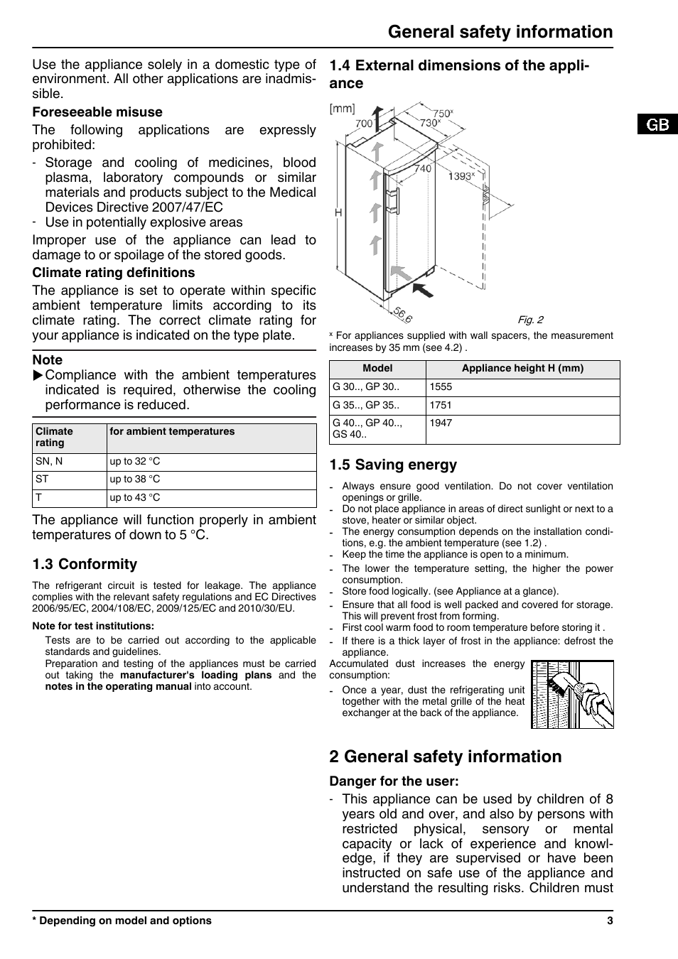 3conformity, 4external dimensions of the appliance, 5saving energy | 2general safety information, 2 general safety information, General safety information, 3 conformity, 4 external dimensions of the appli- ance, 5 saving energy | Liebherr G 3513 Comfort User Manual | Page 3 / 14