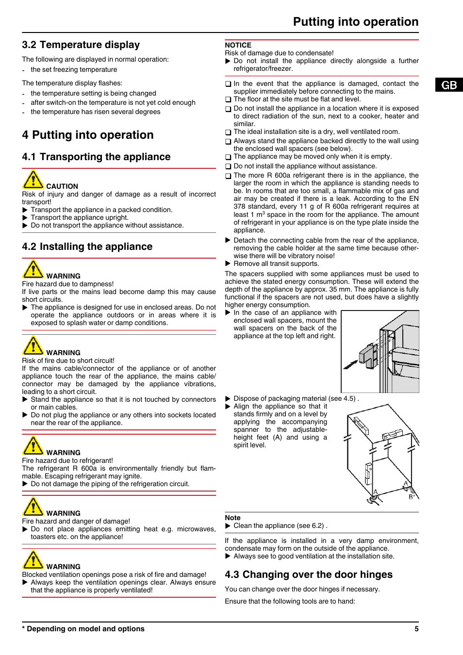 2temperature display, 4putting into operation, 1transporting the appliance | 2installing the appliance, 3changing over the door hinges, 4 putting into operation, Putting into operation, 2 temperature display, 1 transporting the appliance, 2 installing the appliance | Liebherr G 3513 Comfort User Manual | Page 5 / 14