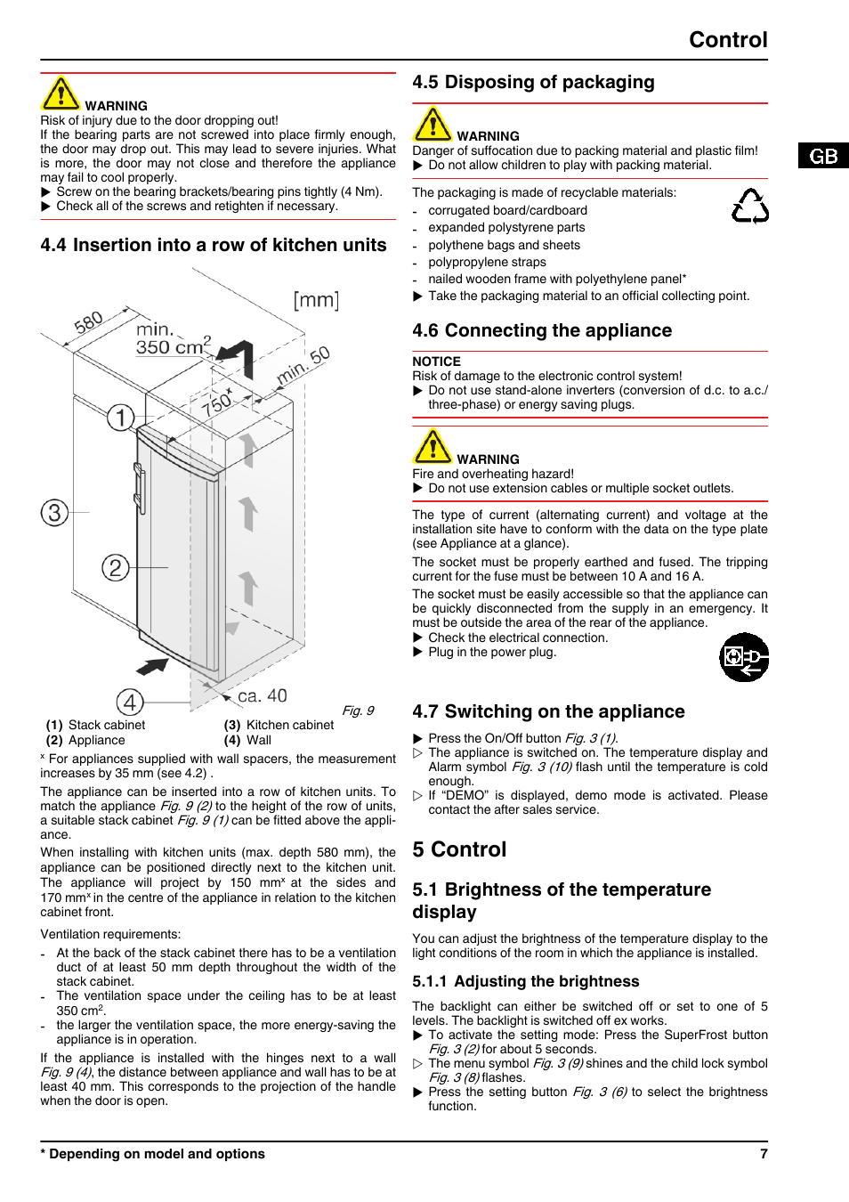 4insertion into a row of kitchen units, 5disposing of packaging, 6connecting the appliance | 7switching on the appliance, 5control, 1brightness of the temperature display, 1adjusting the brightness, 5 control, Control, 4 insertion into a row of kitchen units | Liebherr G 3513 Comfort User Manual | Page 7 / 14