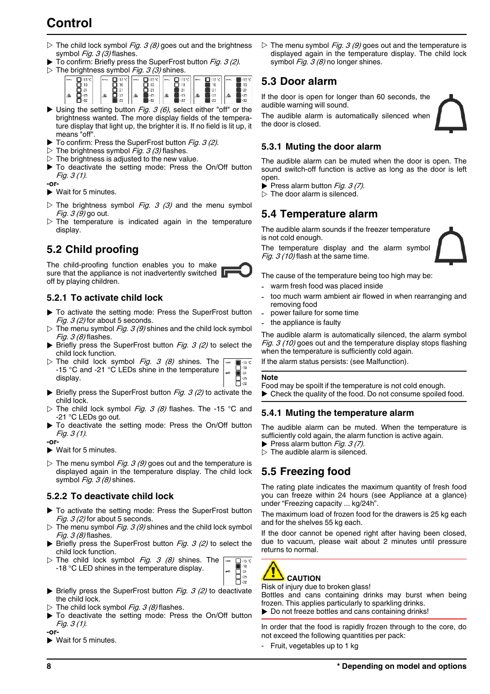 2child proofing, 1to activate child lock, 2to deactivate child lock | 3door alarm, 1muting the door alarm, 4temperature alarm, 1muting the temperature alarm, 5freezing food, Control, 2 child proofing | Liebherr G 3513 Comfort User Manual | Page 8 / 14