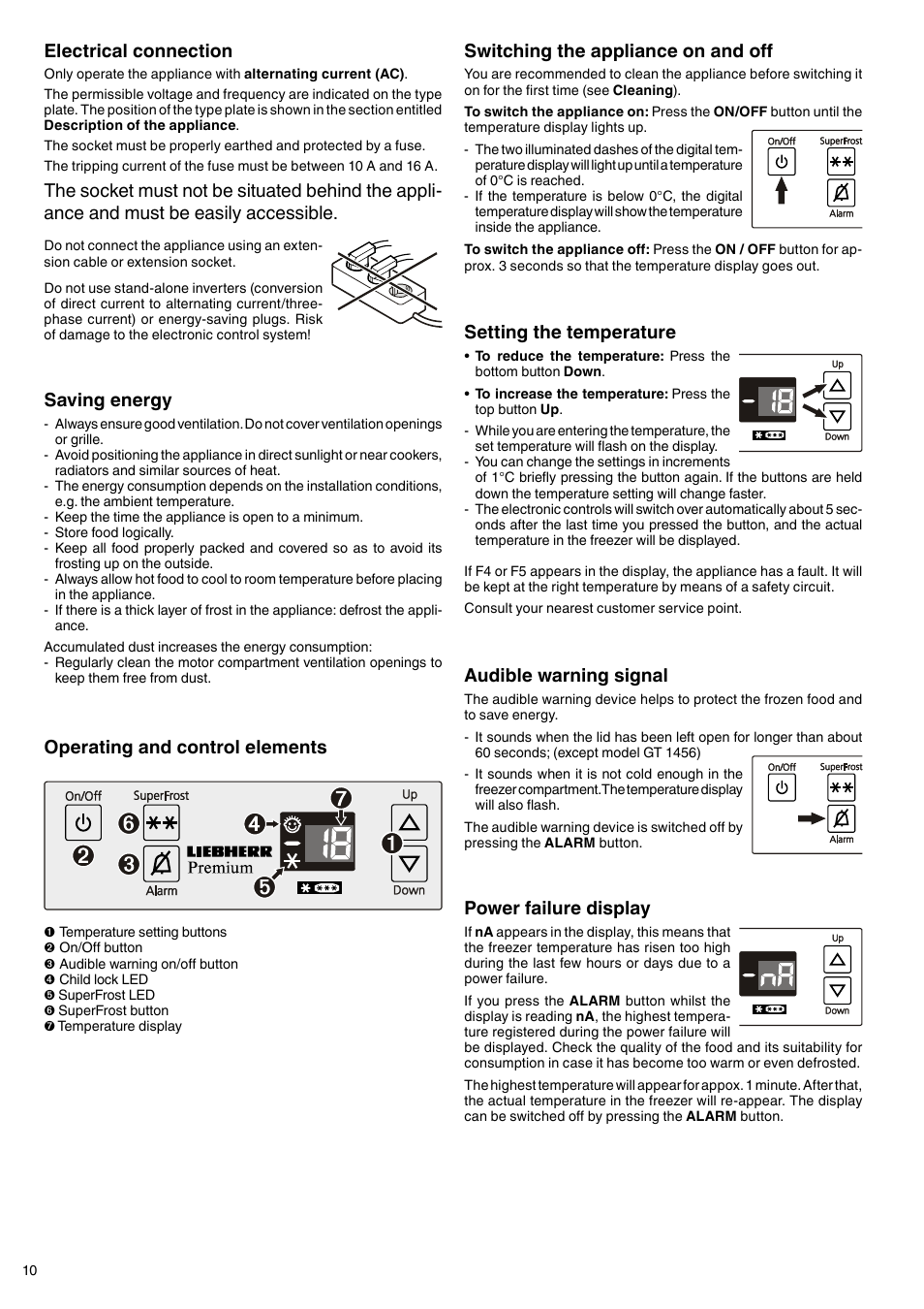 Power failure display, Audible warning signal, Switching the appliance on and off | Setting the temperature, Saving energy | Liebherr GTP 2356 Premium User Manual | Page 4 / 7