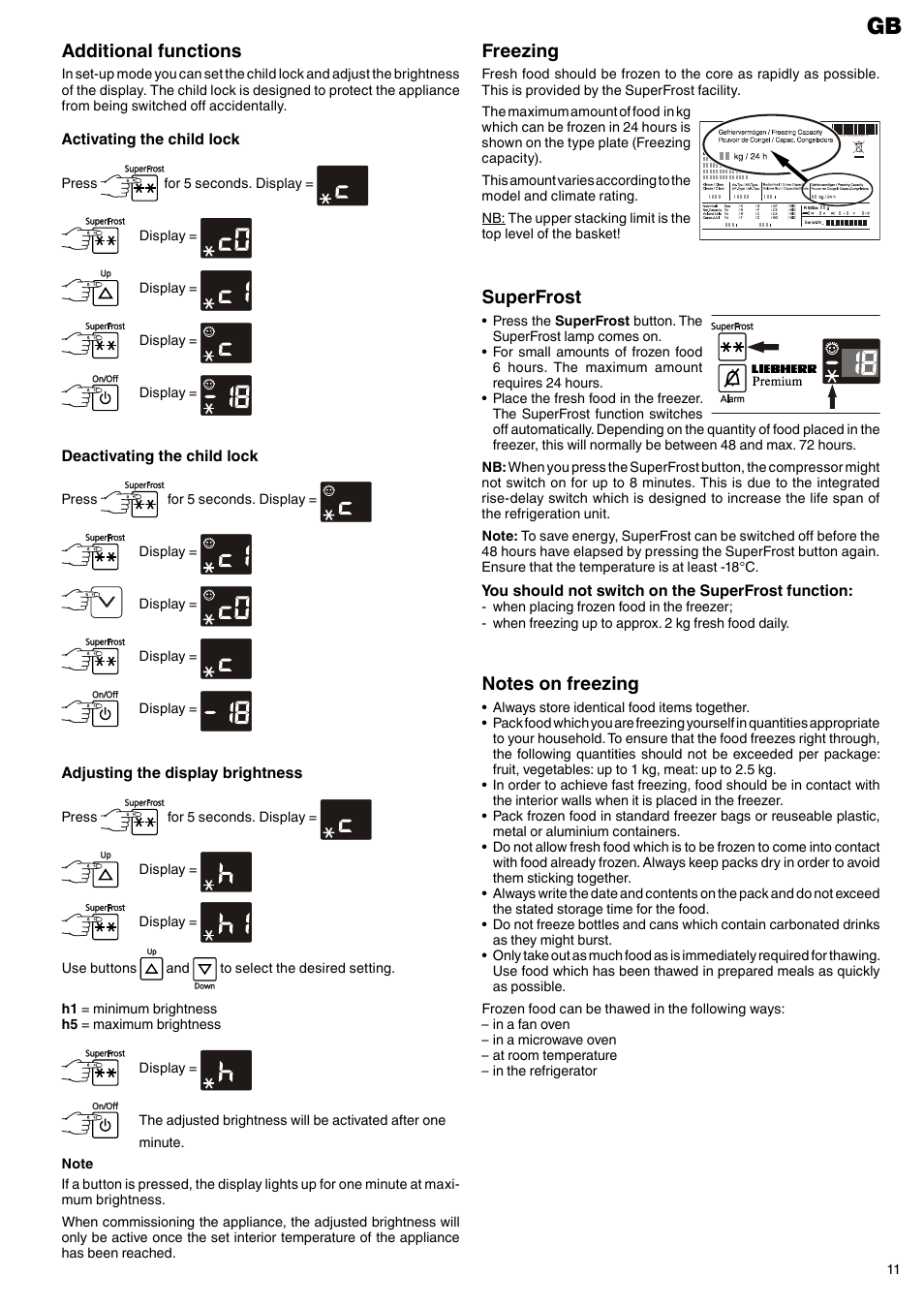 Freezing, Superfrost, Additional functions | Liebherr GTP 2356 Premium User Manual | Page 5 / 7