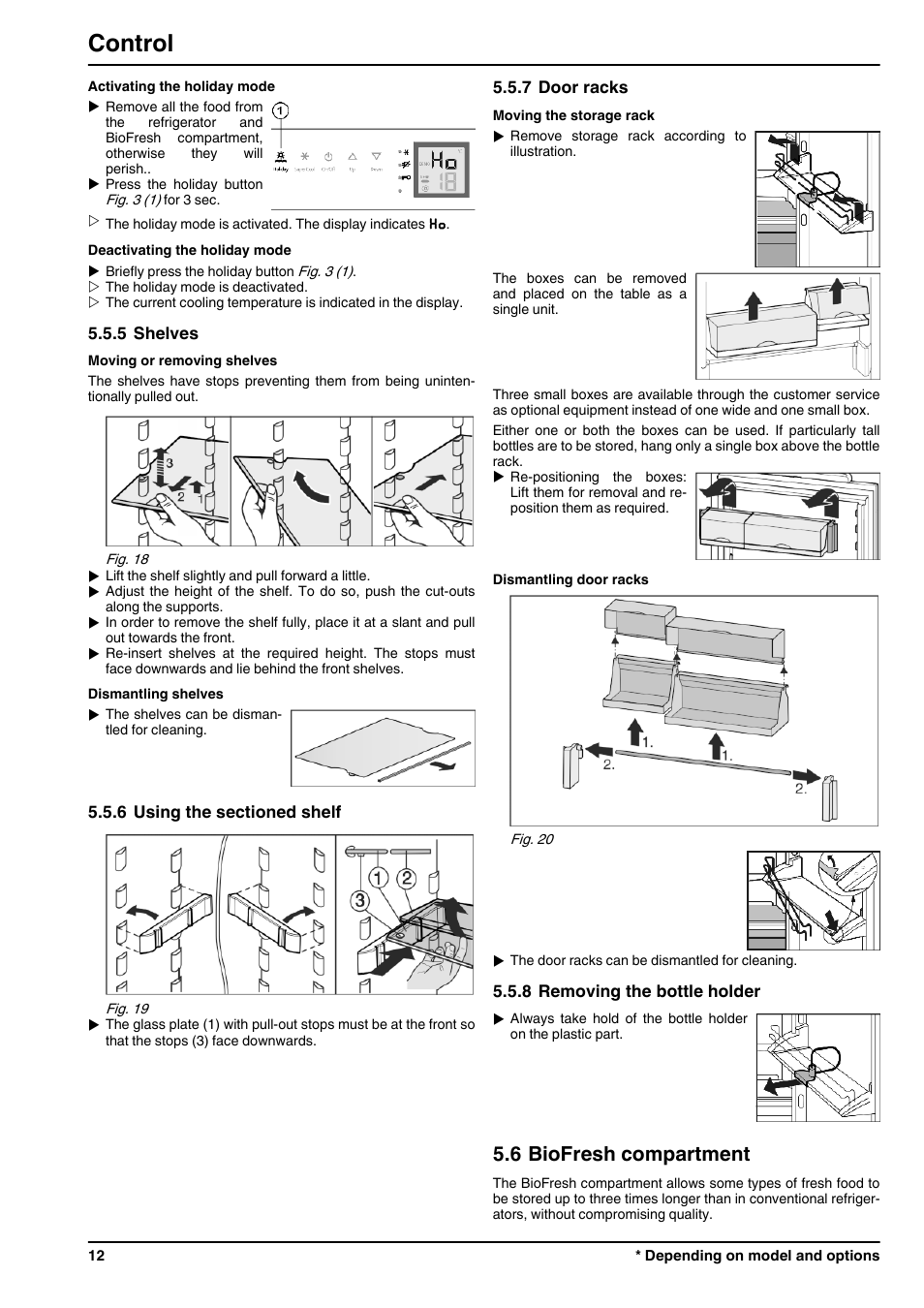 5shelves, 6using the sectioned shelf, 7door racks | 8removing the bottle holder, 6biofresh compartment, Control, 6 biofresh compartment | Liebherr CBNPgb 3956 Premium BioFresh NoFrost User Manual | Page 12 / 20