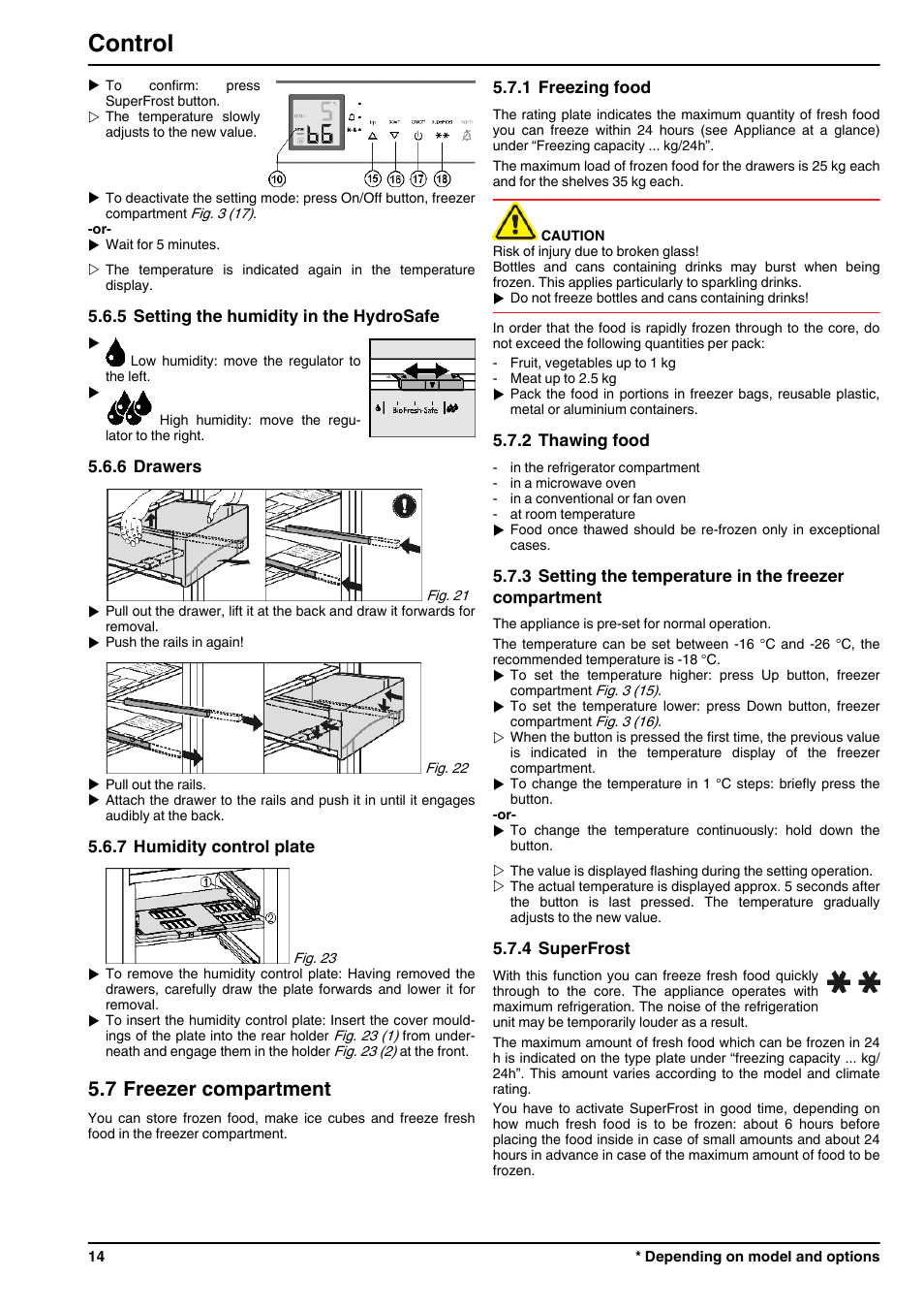 5setting the humidity in the hydrosafe, 6drawers, 7humidity control plate | 7freezer compartment, 1freezing food, 2thawing food, 4superfrost, Control, 7 freezer compartment | Liebherr CBNPgb 3956 Premium BioFresh NoFrost User Manual | Page 14 / 20