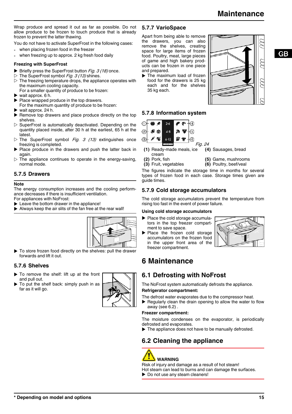 5drawers, 6shelves, 7variospace | 8information system, 9cold storage accumulators, 6maintenance, 1defrosting with nofrost, 2cleaning the appliance, 6 maintenance, Maintenance | Liebherr CBNPgb 3956 Premium BioFresh NoFrost User Manual | Page 15 / 20