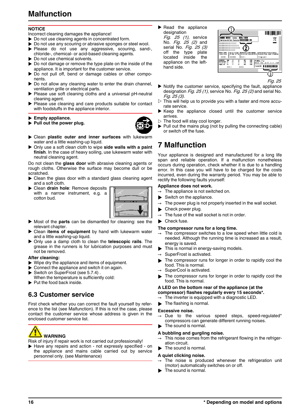 3customer service, 7malfunction, 7 malfunction | Malfunction, 3 customer service | Liebherr CBNPgb 3956 Premium BioFresh NoFrost User Manual | Page 16 / 20