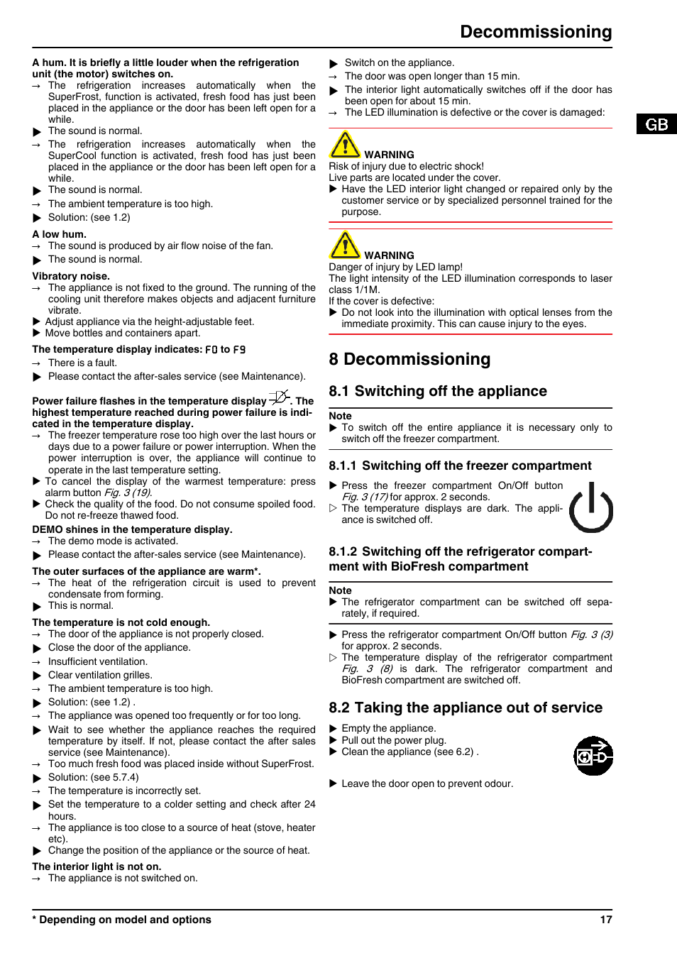 8decommissioning, 1switching off the appliance, 1switching off the freezer compartment | 2taking the appliance out of service, 8 decommissioning, Decommissioning, 1 switching off the appliance, 2 taking the appliance out of service | Liebherr CBNPgb 3956 Premium BioFresh NoFrost User Manual | Page 17 / 20