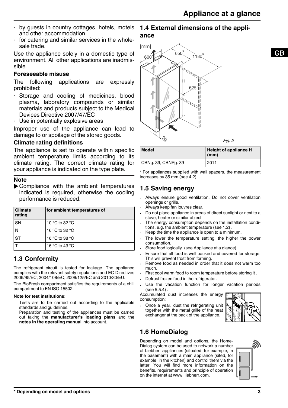 3conformity, 4external dimensions of the appliance, 5saving energy | 6homedialog, Appliance at a glance, 3 conformity, 4 external dimensions of the appli- ance, 5 saving energy, 6 homedialog | Liebherr CBNPgb 3956 Premium BioFresh NoFrost User Manual | Page 3 / 20