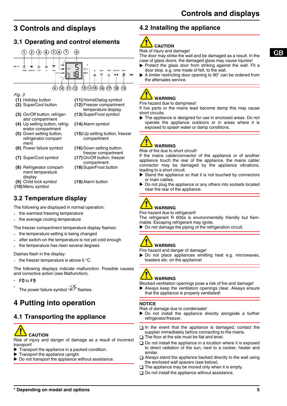3controls and displays, 1operating and control elements, 2temperature display | 4putting into operation, 1transporting the appliance, 2installing the appliance, 3 controls and displays, 4 putting into operation, Controls and displays, 1 operating and control elements | Liebherr CBNPgb 3956 Premium BioFresh NoFrost User Manual | Page 5 / 20