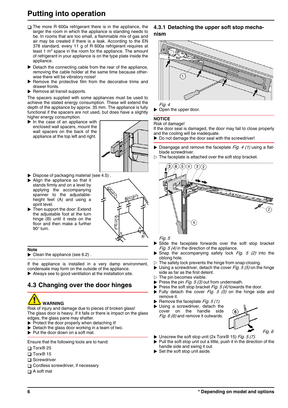 3changing over the door hinges, 1detaching the upper soft stop mechanism, Putting into operation | 3 changing over the door hinges | Liebherr CBNPgb 3956 Premium BioFresh NoFrost User Manual | Page 6 / 20