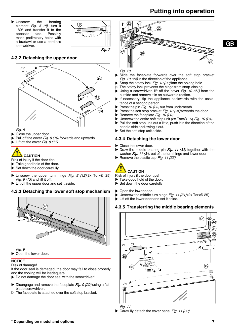 2detaching the upper door, 3detaching the lower soft stop mechanism, 4detaching the lower door | 5transferring the middle bearing elements, Putting into operation | Liebherr CBNPgb 3956 Premium BioFresh NoFrost User Manual | Page 7 / 20