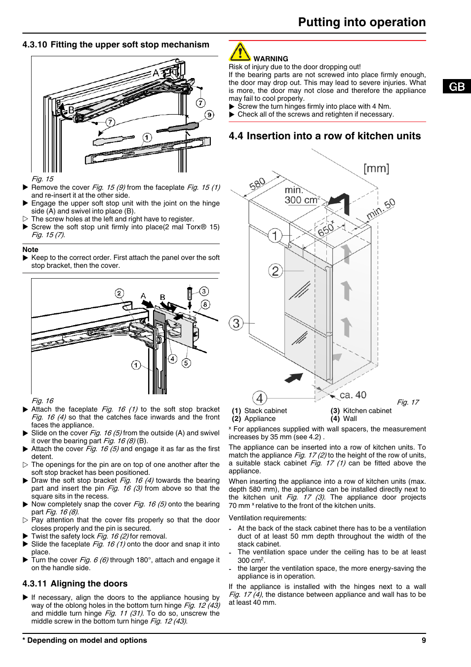 10fitting the upper soft stop mechanism, 11aligning the doors, 4insertion into a row of kitchen units | Putting into operation, 4 insertion into a row of kitchen units | Liebherr CBNPgb 3956 Premium BioFresh NoFrost User Manual | Page 9 / 20