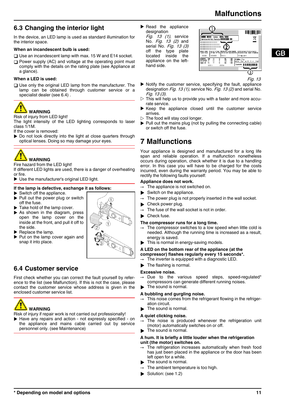 3changing the interior light, 4customer service, 7malfunctions | 7 malfunctions, Malfunctions, 3 changing the interior light, 4 customer service | Liebherr CUPsl 3221 Comfort User Manual | Page 11 / 14