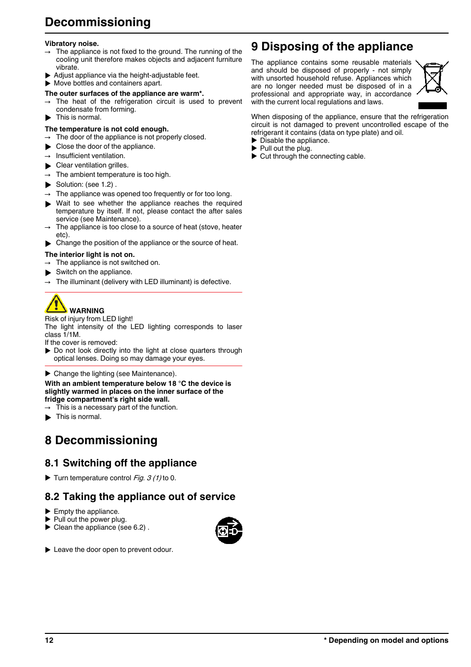 8decommissioning, 1switching off the appliance, 2taking the appliance out of service | 9disposing of the appliance, 8 decommissioning, 9 disposing of the appliance, Decommissioning, 1 switching off the appliance, 2 taking the appliance out of service | Liebherr CUPsl 3221 Comfort User Manual | Page 12 / 14