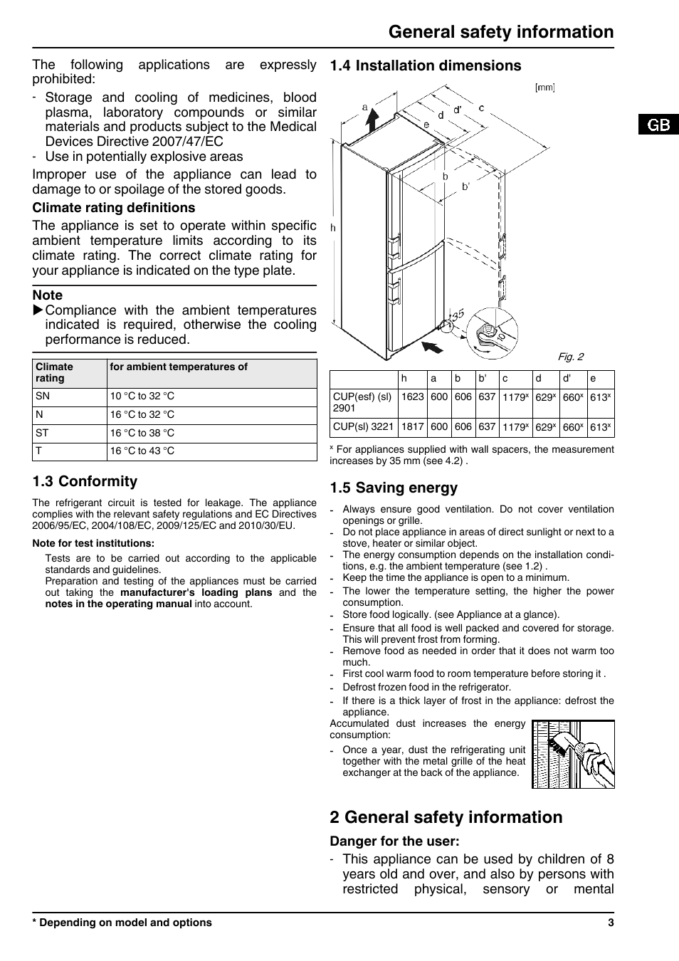 3conformity, 4installation dimensions, 5saving energy | 2general safety information, 2 general safety information, General safety information, 3 conformity, 4 installation dimensions, 5 saving energy, Danger for the user | Liebherr CUPsl 3221 Comfort User Manual | Page 3 / 14
