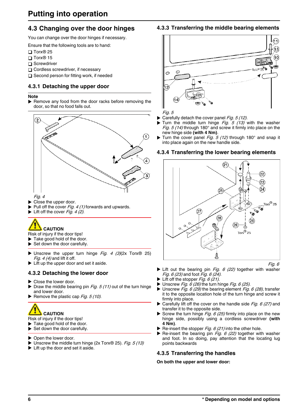 3changing over the door hinges, 1detaching the upper door, 2detaching the lower door | 3transferring the middle bearing elements, 4transferring the lower bearing elements, 5transferring the handles, Putting into operation, 3 changing over the door hinges | Liebherr CUPsl 3221 Comfort User Manual | Page 6 / 14