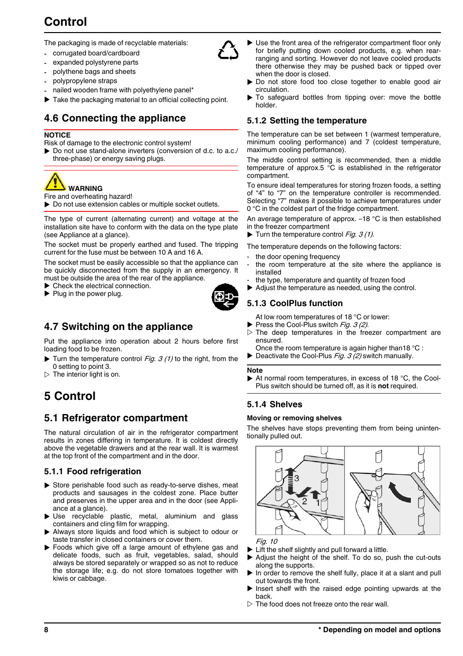 6connecting the appliance, 7switching on the appliance, 5control | 1refrigerator compartment, 1food refrigeration, 2setting the temperature, 3coolplus function, 4shelves, 5 control, Control | Liebherr CUPsl 3221 Comfort User Manual | Page 8 / 14