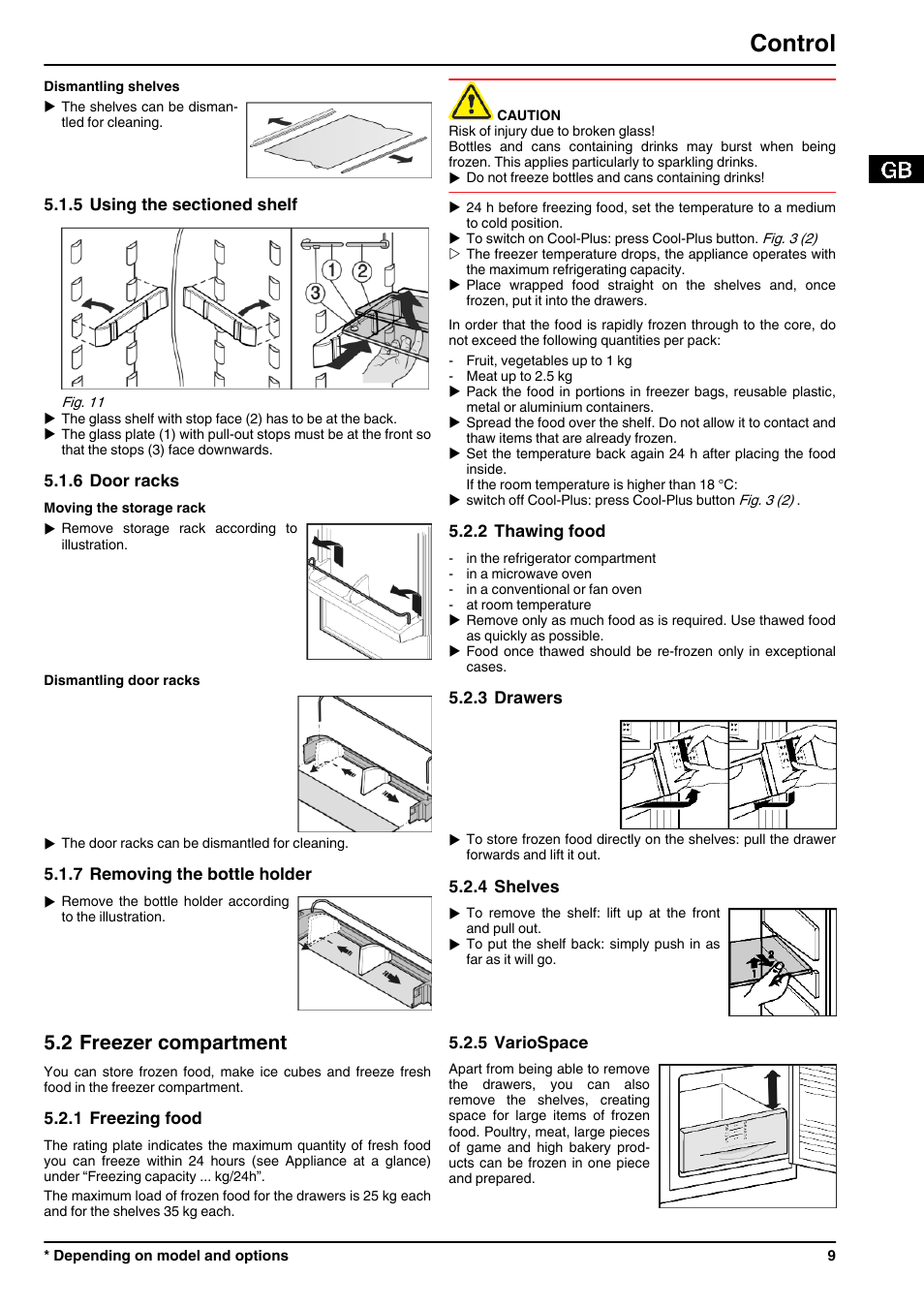 5using the sectioned shelf, 6door racks, 7removing the bottle holder | 2freezer compartment, 1freezing food, 2thawing food, 3drawers, 4shelves, 5variospace, Control | Liebherr CUPsl 3221 Comfort User Manual | Page 9 / 14