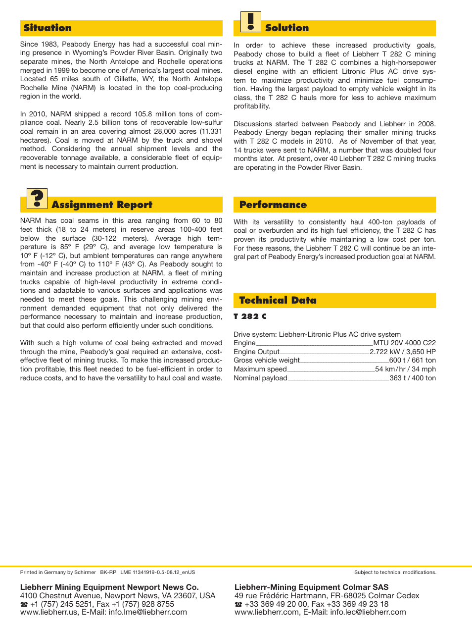 Situation, Solution, Assignment report | Performance, Technical data | Liebherr T 282 C User Manual | Page 2 / 2