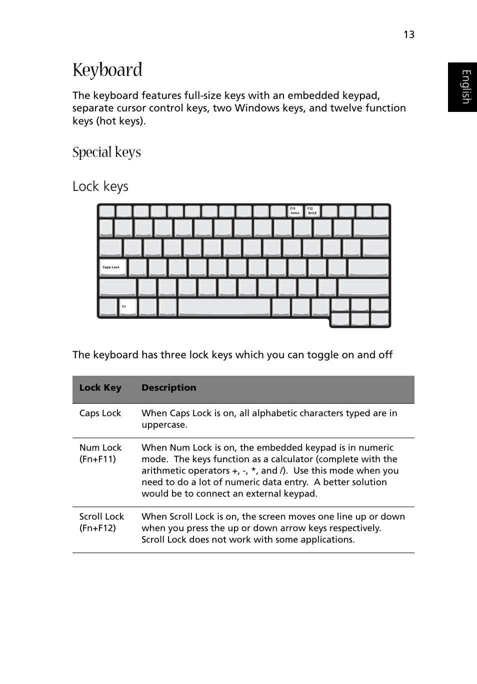 Keyboard, Special keys, Lock keys | Acer 1500 User Manual | Page 23 / 96