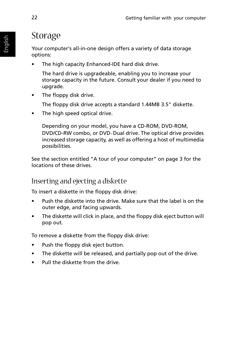 Storage, Inserting and ejecting a diskette | Acer 1500 User Manual | Page 32 / 96