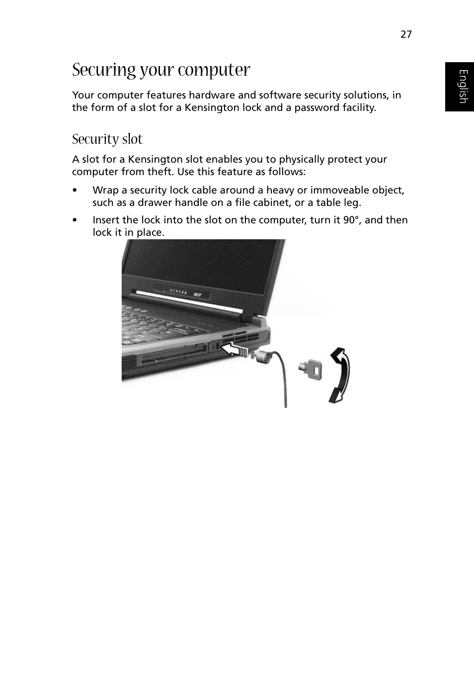 Securing your computer, Security slot | Acer 1500 User Manual | Page 37 / 96