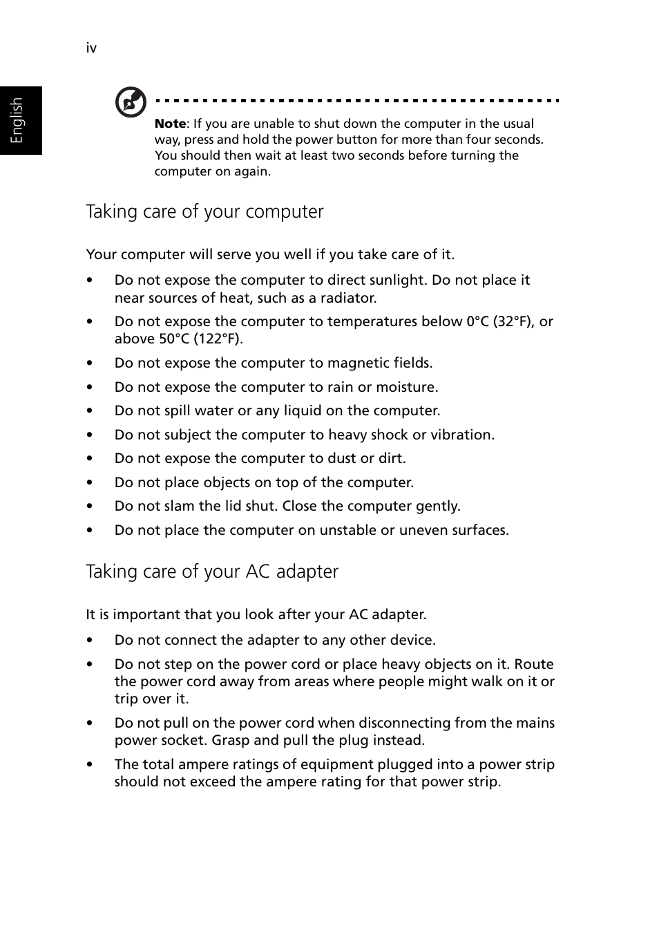 Taking care of your computer, Taking care of your ac adapter | Acer 1500 User Manual | Page 4 / 96