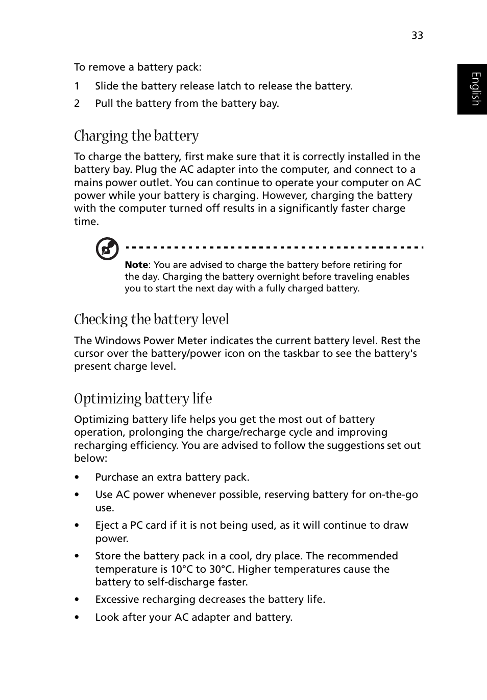 Charging the battery, Checking the battery level, Optimizing battery life | Acer 1500 User Manual | Page 43 / 96