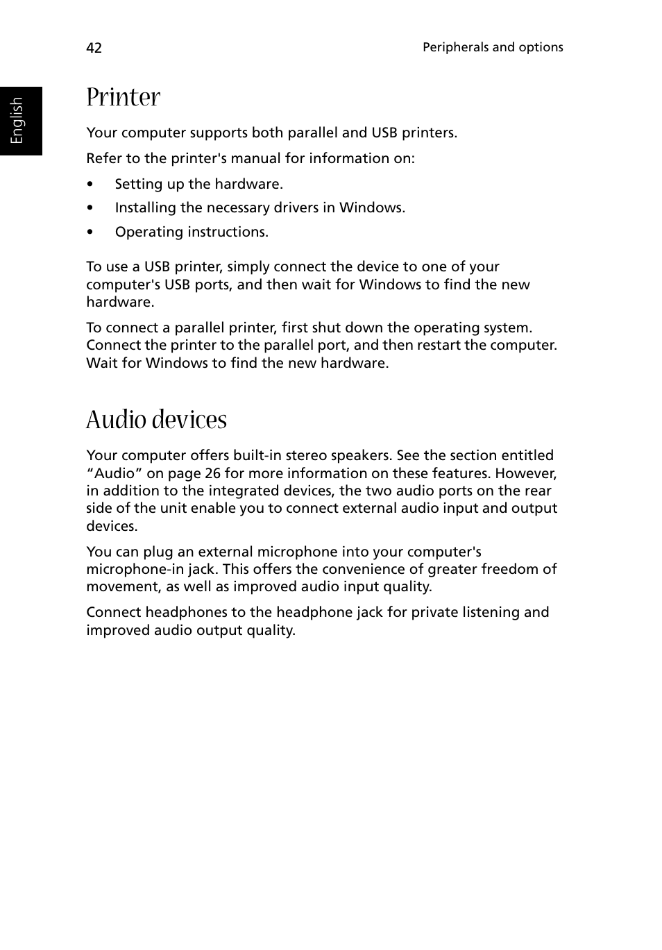 Printer, Audio devices | Acer 1500 User Manual | Page 52 / 96
