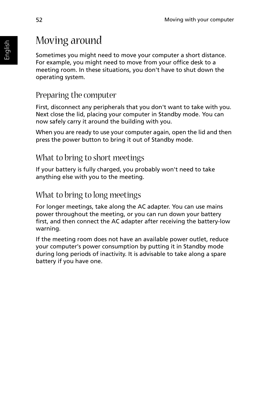 Moving around, Preparing the computer, What to bring to short meetings | What to bring to long meetings | Acer 1500 User Manual | Page 62 / 96