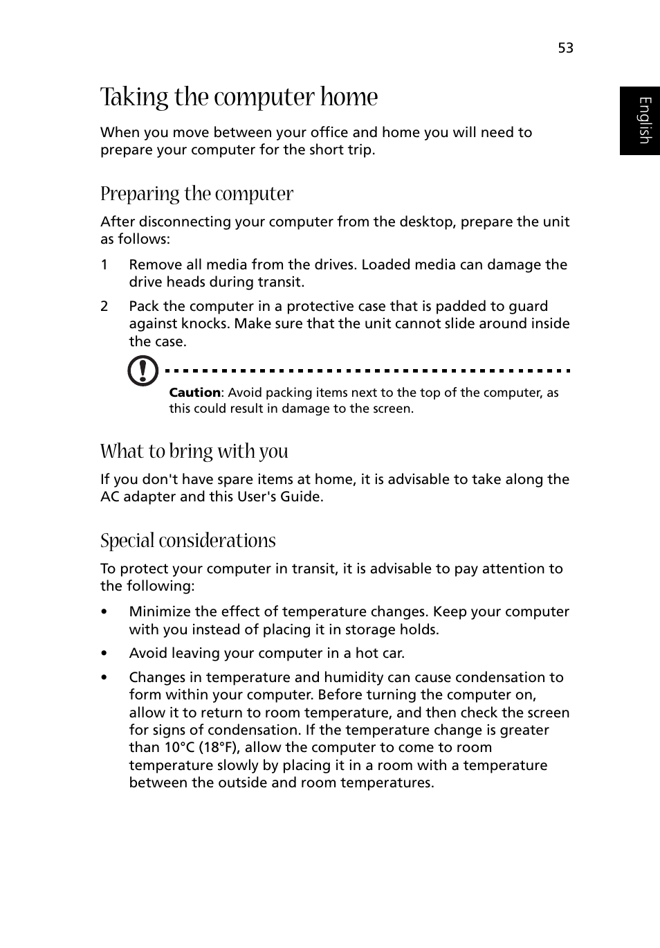 Taking the computer home, Preparing the computer, What to bring with you | Special considerations | Acer 1500 User Manual | Page 63 / 96