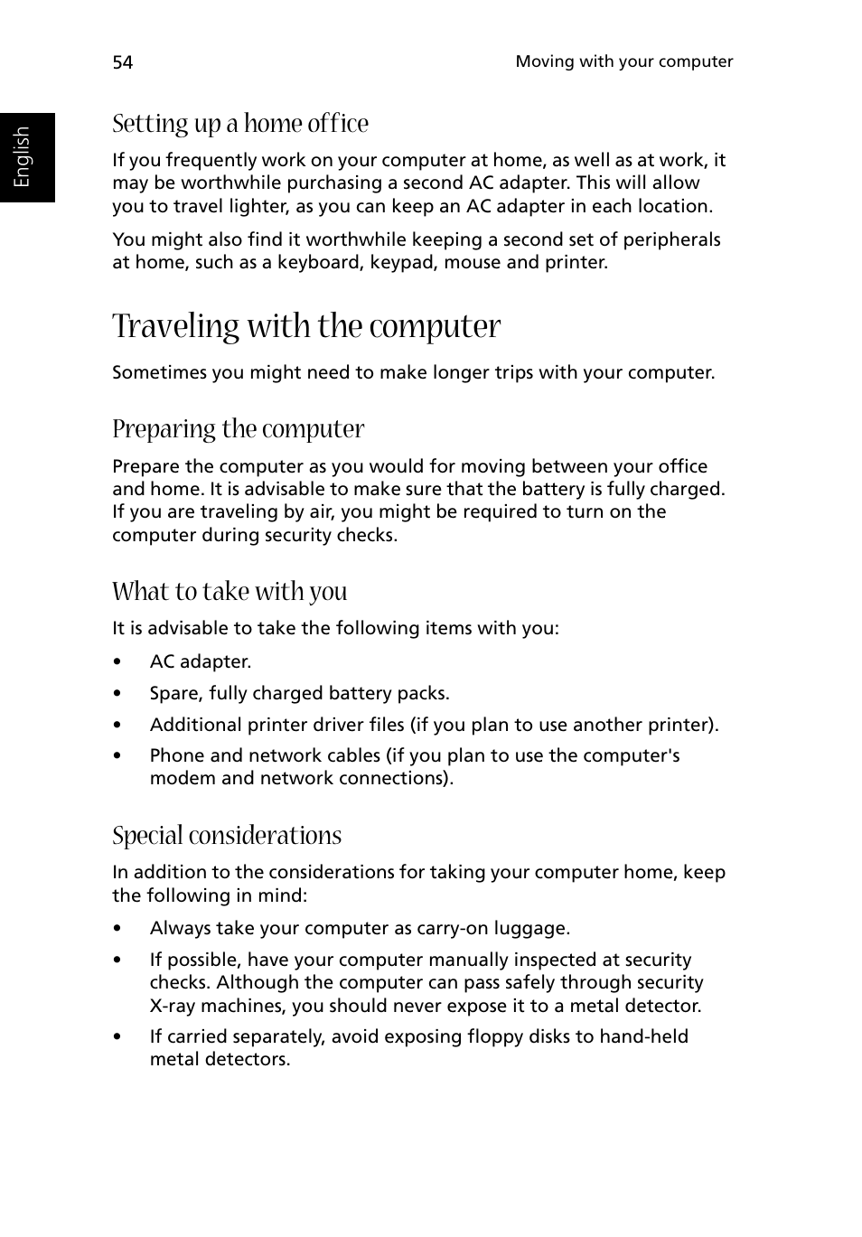Setting up a home office, Traveling with the computer, Preparing the computer | What to take with you, Special considerations | Acer 1500 User Manual | Page 64 / 96