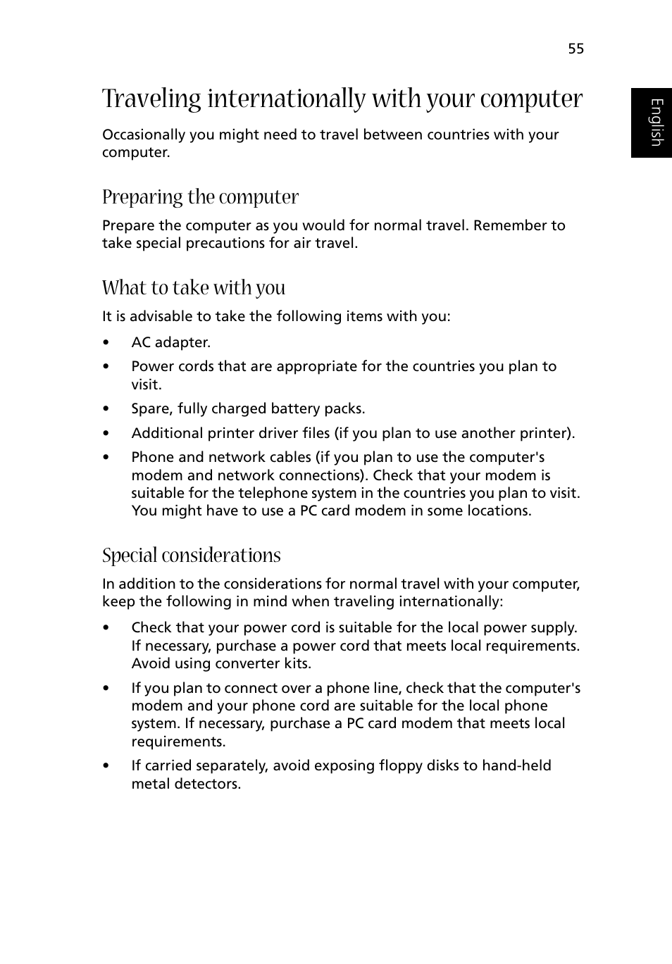 Traveling internationally with your computer, Preparing the computer, What to take with you | Special considerations | Acer 1500 User Manual | Page 65 / 96