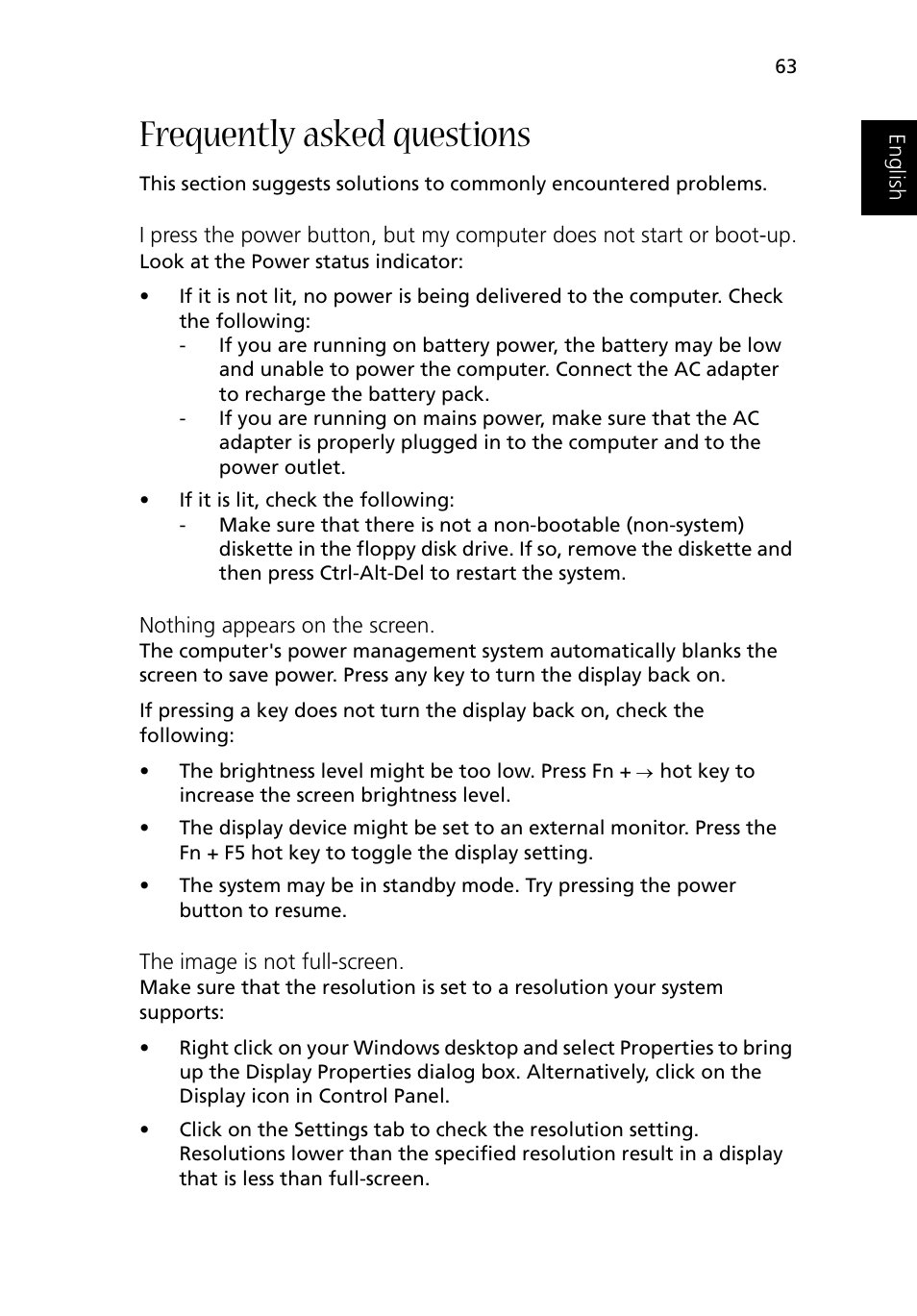 Frequently asked questions | Acer 1500 User Manual | Page 73 / 96