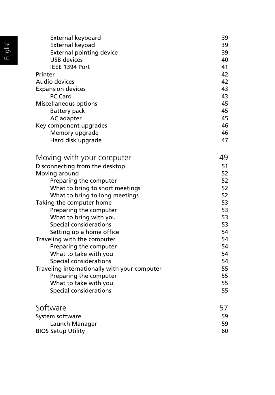 Moving with your computer 49, Software 57 | Acer 1500 User Manual | Page 8 / 96