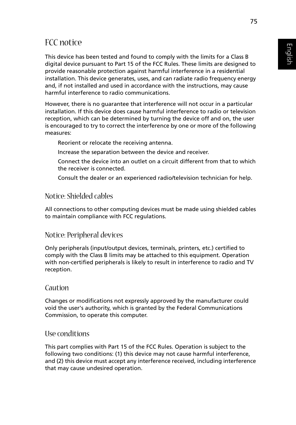 Fcc notice, Notice: shielded cables, Notice: peripheral devices | Caution, Use conditions | Acer 1500 User Manual | Page 85 / 96