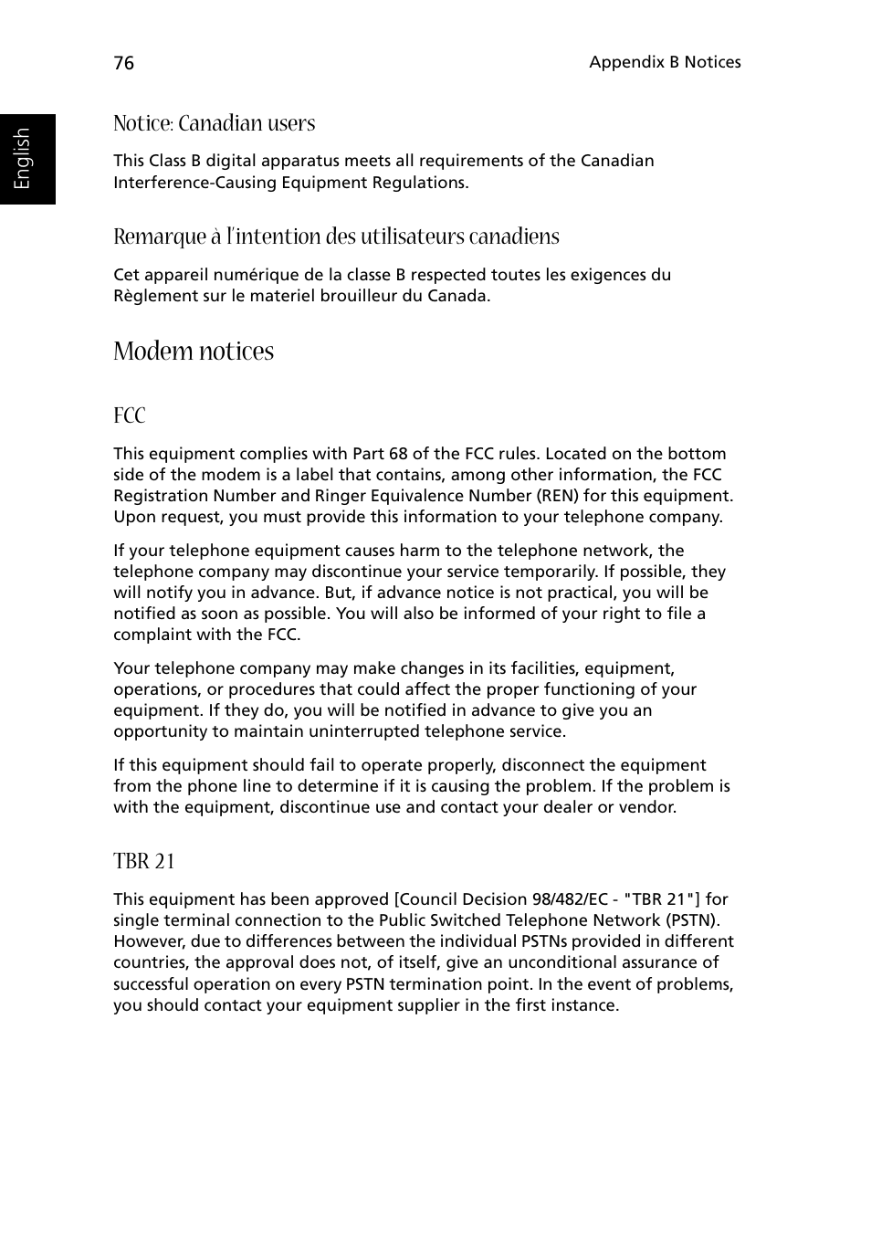 Modem notices, Notice: canadian users, Remarque à l’intention des utilisateurs canadiens | Tbr 21 | Acer 1500 User Manual | Page 86 / 96