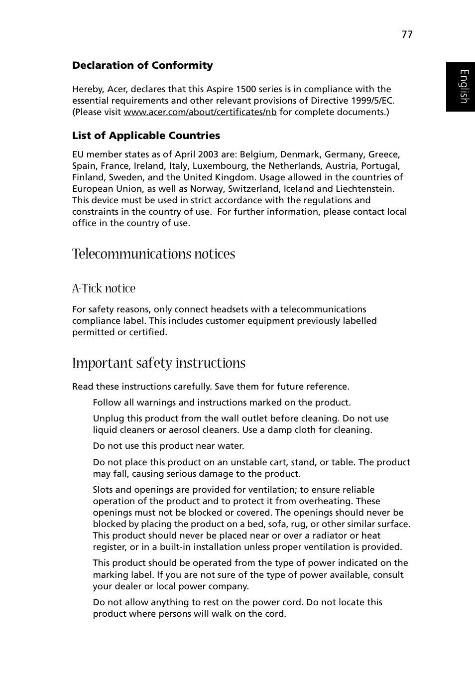 Telecommunications notices, Important safety instructions, A-tick notice | Acer 1500 User Manual | Page 87 / 96