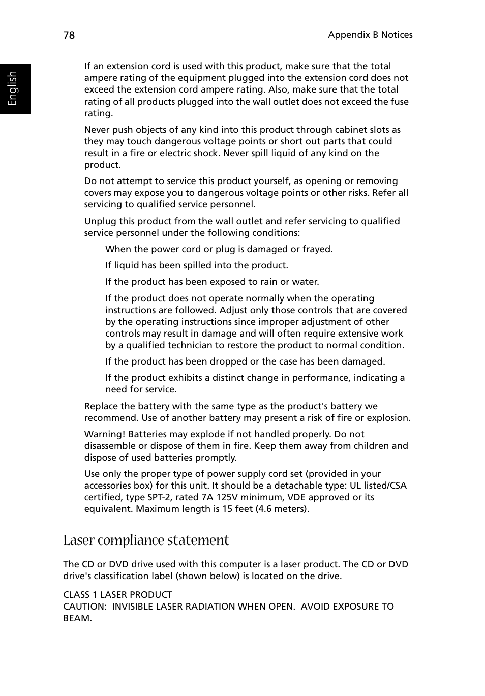 Laser compliance statement | Acer 1500 User Manual | Page 88 / 96