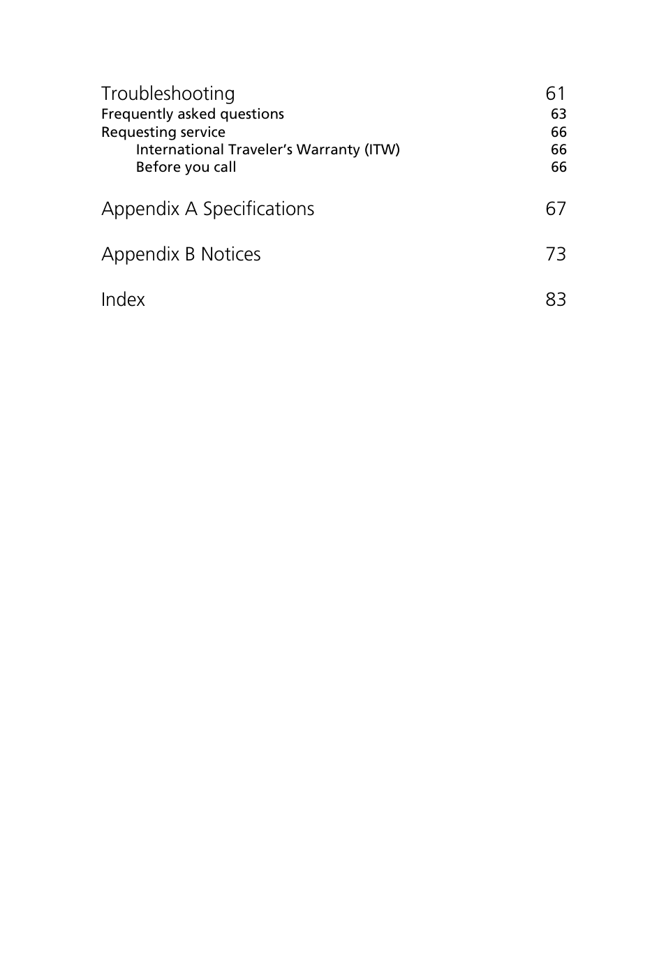 Troubleshooting 61 | Acer 1500 User Manual | Page 9 / 96