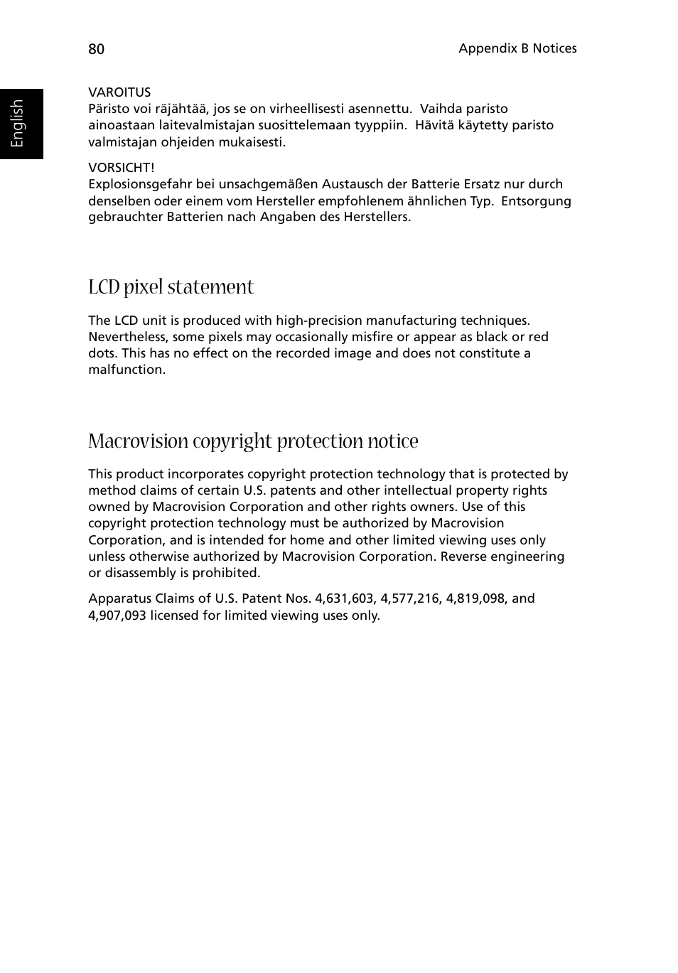 Lcd pixel statement, Macrovision copyright protection notice | Acer 1500 User Manual | Page 90 / 96