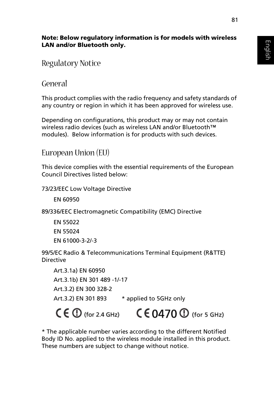 Regulatory notice, General, European union (eu) | Regulatory notice general | Acer 1500 User Manual | Page 91 / 96
