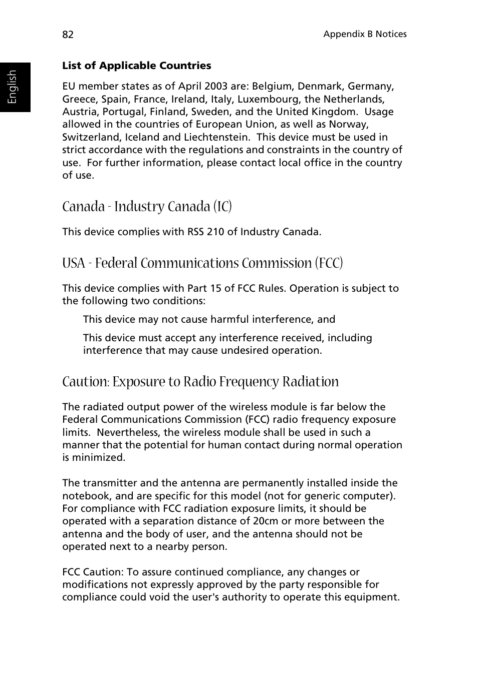 Canada - industry canada (ic), Usa - federal communications commission (fcc), Caution: exposure to radio frequency radiation | Acer 1500 User Manual | Page 92 / 96