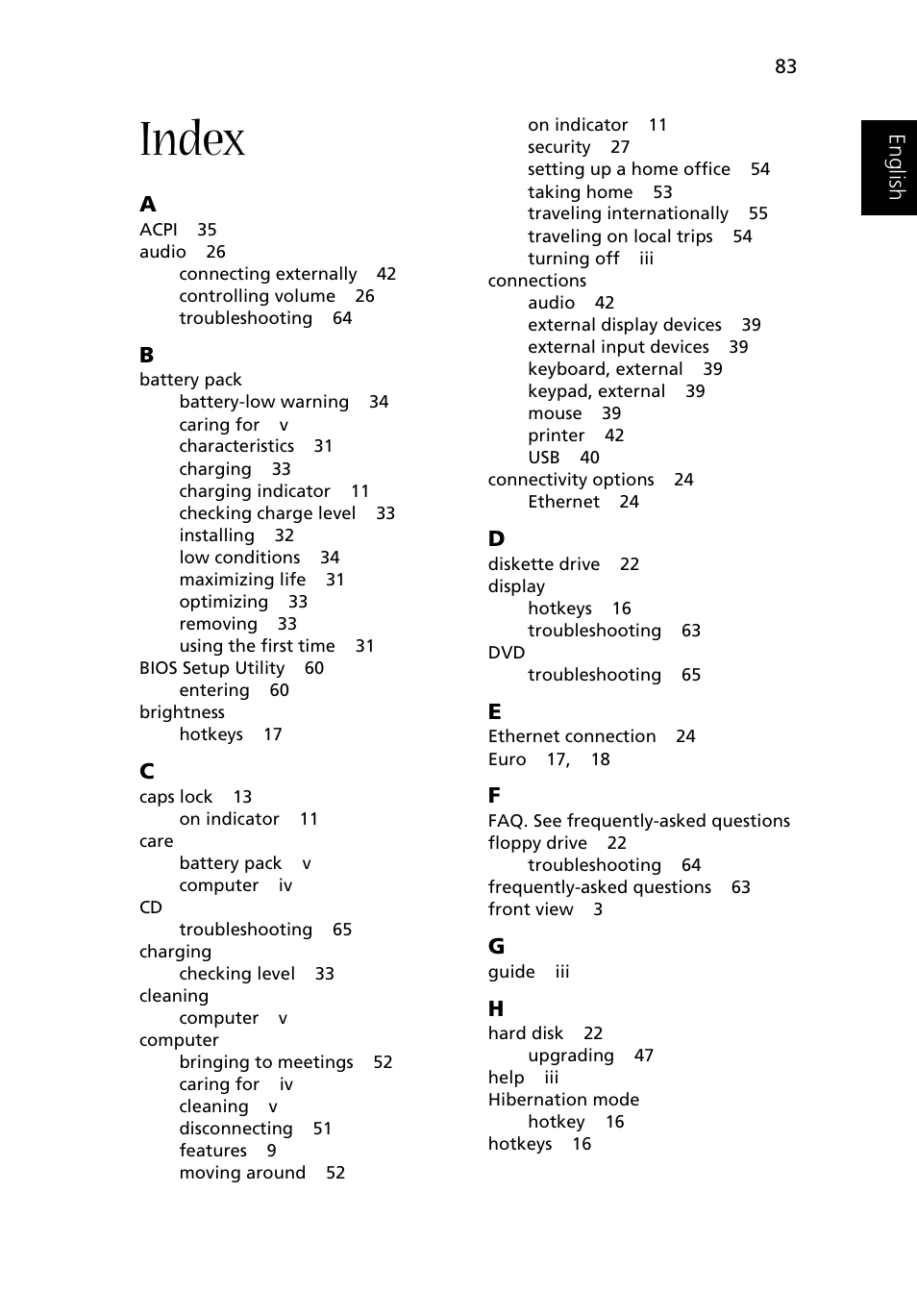 Index | Acer 1500 User Manual | Page 93 / 96