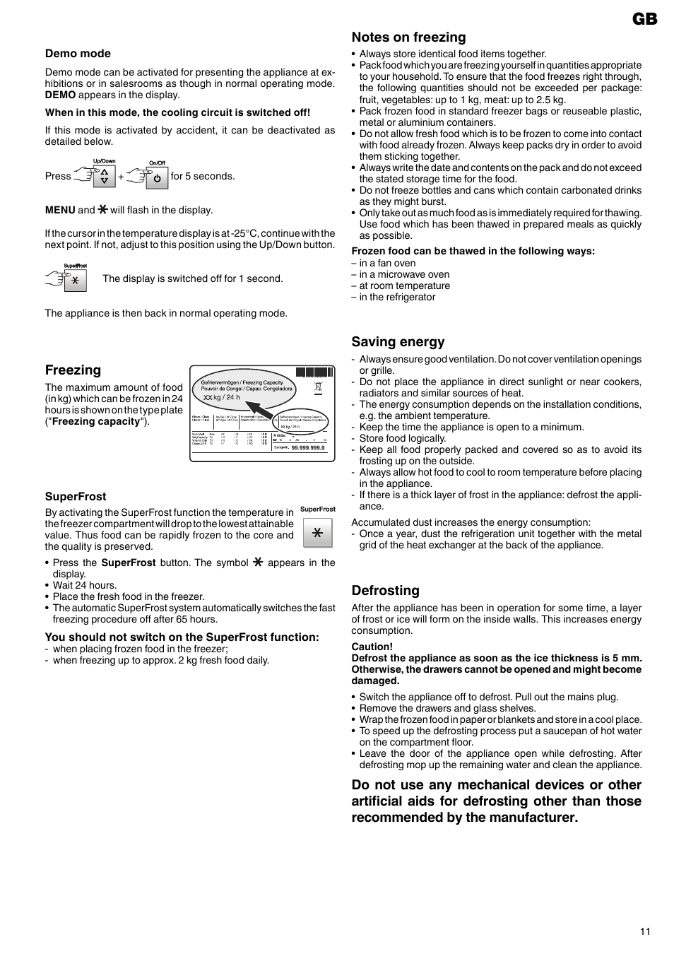 Freezing, Saving energy, Defrosting | Liebherr G 2733 Comfort User Manual | Page 5 / 7