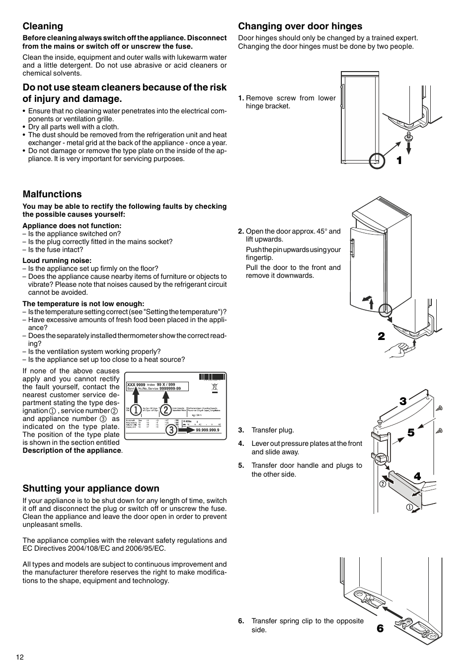 Malfunctions, Shutting your appliance down, Changing over door hinges | Cleaning | Liebherr G 2733 Comfort User Manual | Page 6 / 7