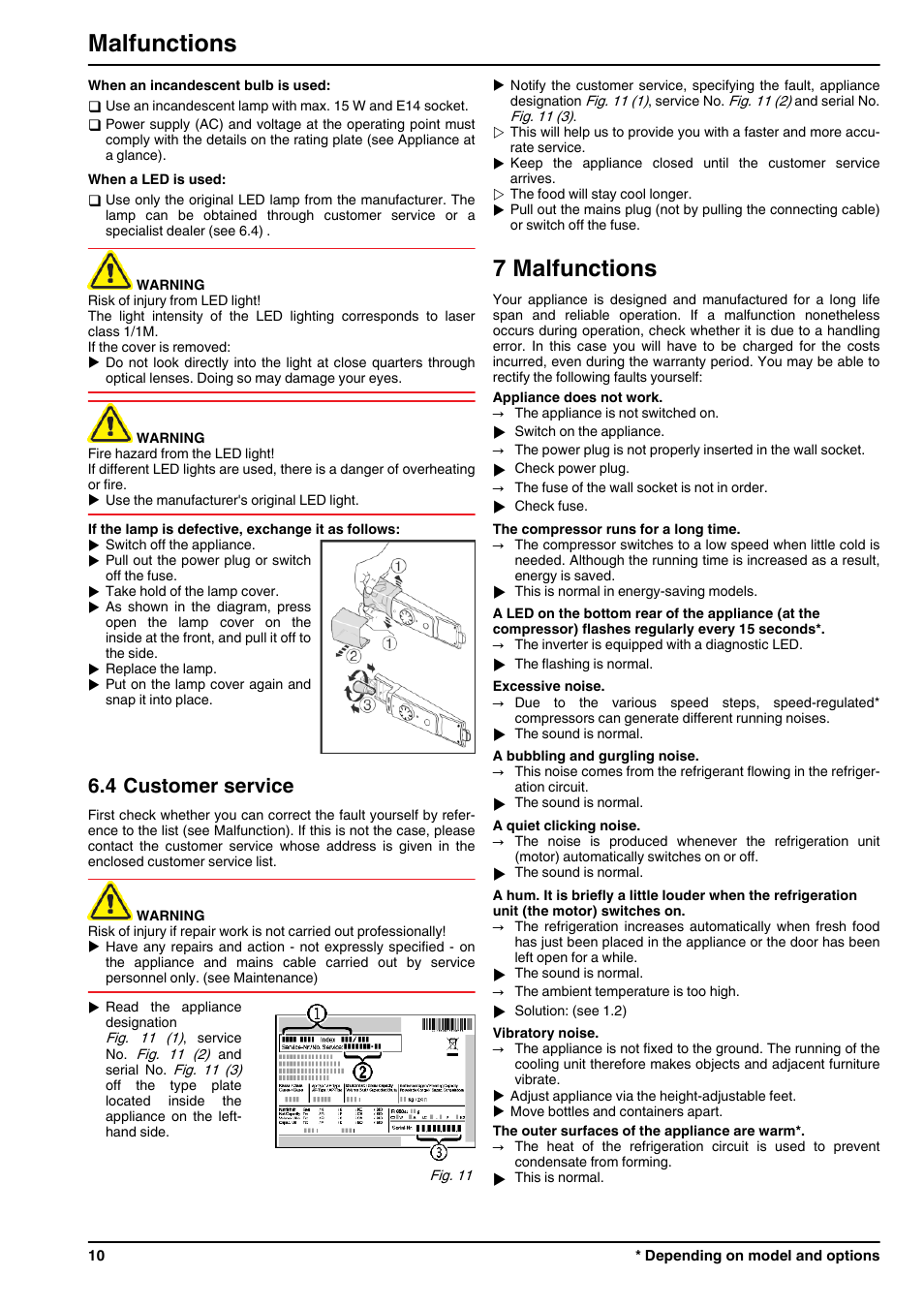 4customer service, 7malfunctions, 7 malfunctions | Malfunctions, 4 customer service | Liebherr CTPsl 2521 Comfort User Manual | Page 10 / 12