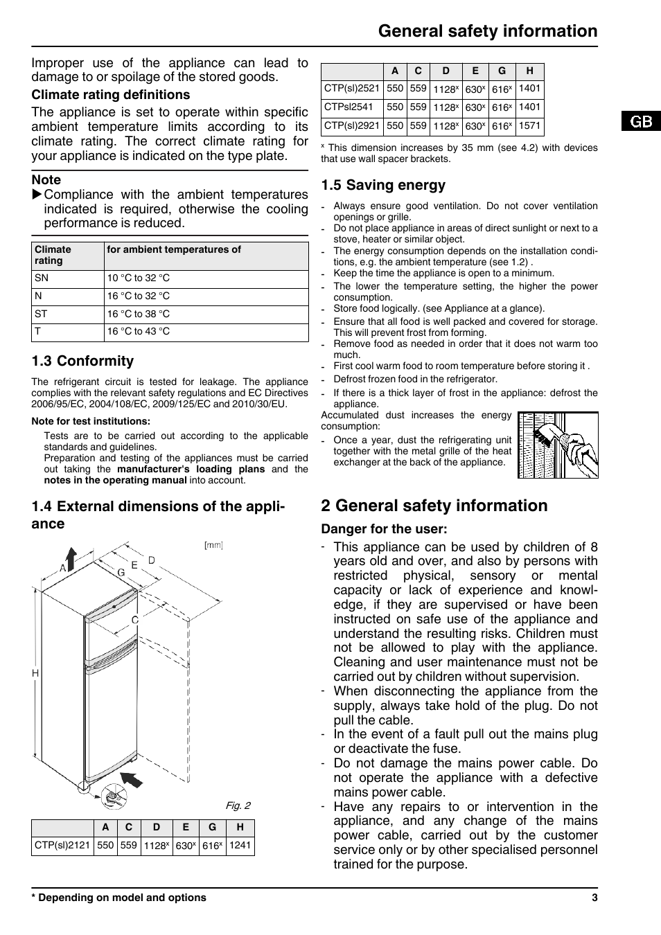 3conformity, 4external dimensions of the appliance, 5saving energy | 2general safety information, 2 general safety information, General safety information, 3 conformity, 4 external dimensions of the appli- ance, 5 saving energy, Danger for the user | Liebherr CTPsl 2521 Comfort User Manual | Page 3 / 12